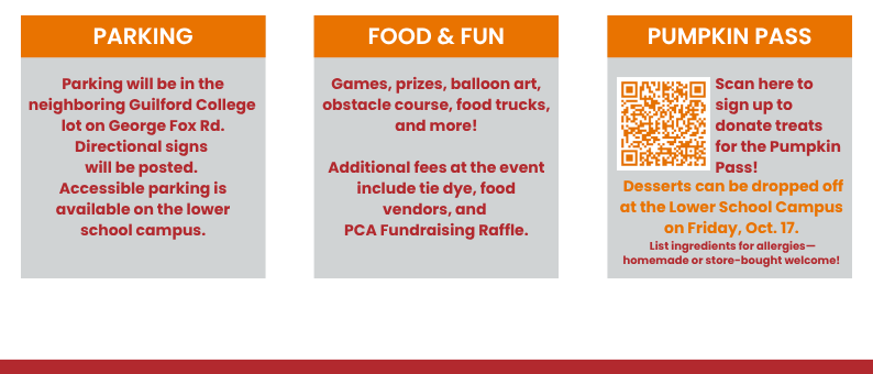 Parking will be in the neighboring Guilford College lot on George Fox Rd. Directional signs will be posted. Accessible parking is available on the lower school campus.
